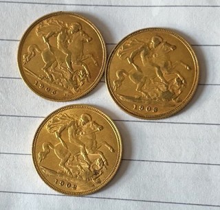 Three EDWARD VII GOLD HALF SOVEREIGNS 1902 1903 1905