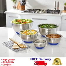 10-Pc Stainless Steel Mixing Bowl Set w/ Lids Non-Slip Base Nesting Prep Bowls