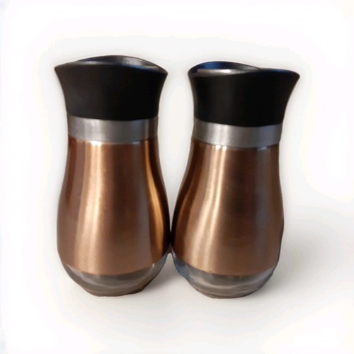 Vintage Stainless Steel Copper Salt & Pepper Shakers Set w/Glass Bottom - Picture 2 of 3