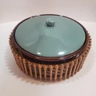 Vintage Red Wing Pottery Village  10" Casserole Dish With Lid And Bamboo Holder