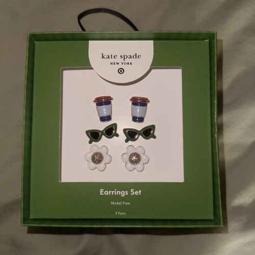 Kate Spade x Target Stud Earrings Set Coffee Cup, Sunglasses, Flowers In Hand