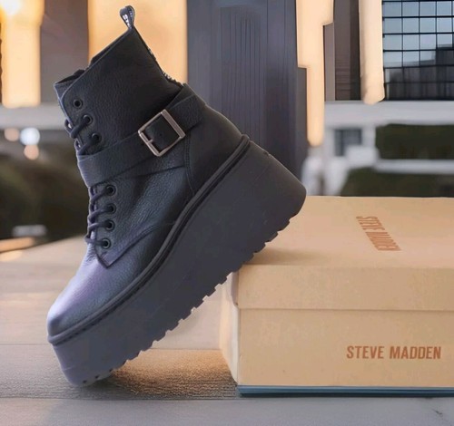Steve Madden donna stivaletti zeppa Pinaco,Pelle nero,lacci+fibbia+zip n.39 €190 - Foto 18 di 24