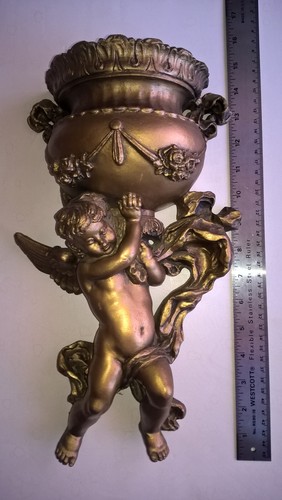 Renaissance Baroque Style Wall Art Urn Vase 14" Cherub Cupid Gold Tone Sculpture - Picture 9 of 12