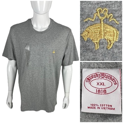 Brooks Brothers Herren 2XL Shirt T-Shirt Rundhals grau Baumwolle Logo gold bestickt neu mit Etikett