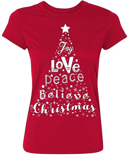Christmas Tree Joy Love Peace Believe Funny Xmas Women's T-Shirt - Picture 1 of 2