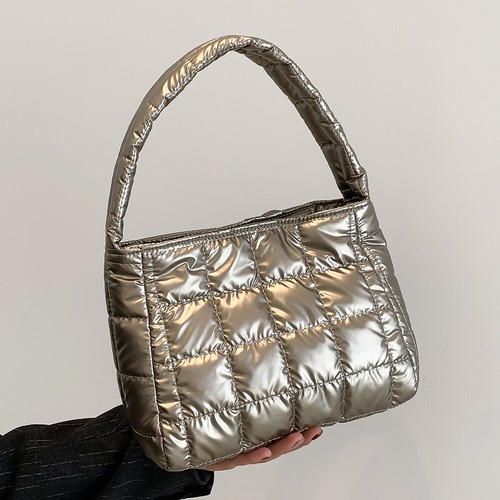 Quilted Women Handbag Fashion Plaid Cotton Tote Bag Soft for Travel (Champagne) - Picture 7 of 11