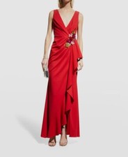 795 Badgley Mischka Women's Red Floral Appliqu Pleated Draped Gown Dress Sz 2
