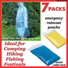 7 PACKS ADULT DISPOSABLE EMERGENCY WATERPROOF HOODED RAINCOAT PONCHO, HANDY PACK