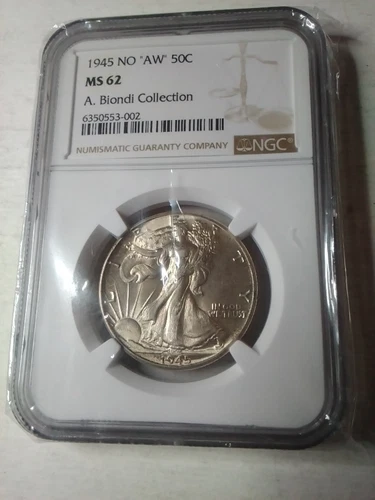 1945 WALKING LIBERTY HALF DOLLAR "NO AW" FS-801 GRADED BY NGC IN MS/62 CONDITION