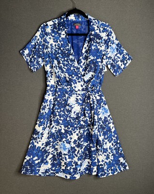 VINCE CAMUTO Blue Floral Chiffon Wrap Dress Collared Lined Short Sleeve  Women S | eBay