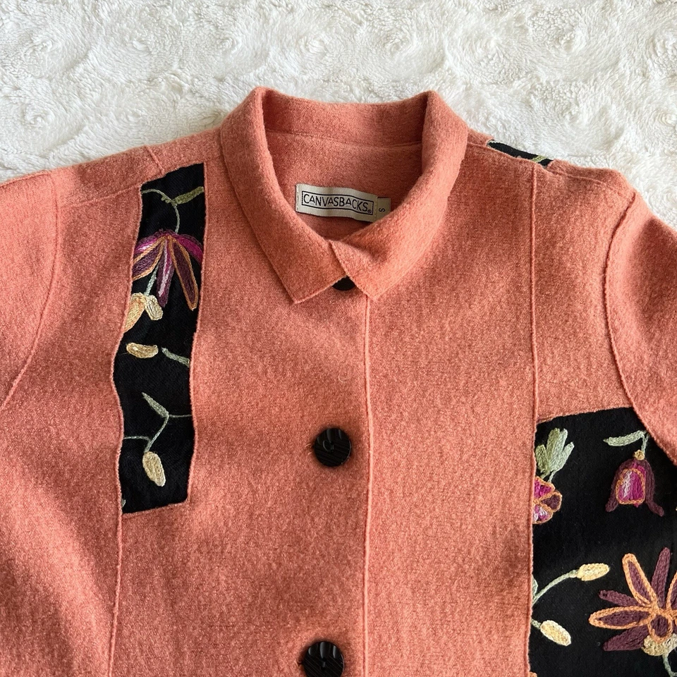 Винтажный шерсти пальто куртка женщин маленький оранжевый горошек вышитый цветочный цветок с воротником - Изображение 3 из 4