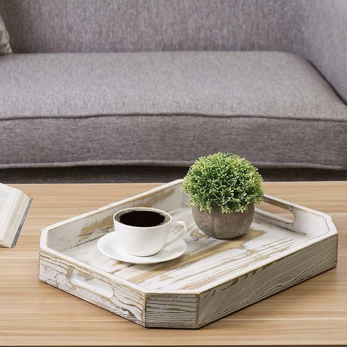Whitewashed Wood Breakfast Serving Tray, Coffee Server w/ Handles Angled Corners