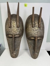 x2 Lrg Vtg African Marka Tribal Mask Brass Wood Hand Carved 33" H Antelope Wall