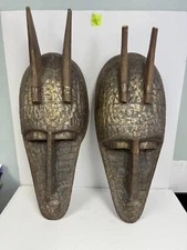 x2 Lrg Vtg African Marka Tribal Mask Brass Wood Hand Carved 33" H Antelope Wall