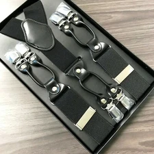 Black Deluxe 6 Clips Mens Clip-on 1.5" WIDE Suspender Elastic Y-Shape 