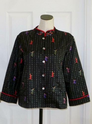 CHICOS Design Art-to-Wear 100% Silk Black Geisha Lined Mandarin Jacket~2~M~EUC - Picture 1 of 12
