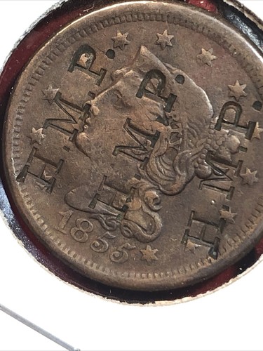 large cent counterstamp Lot (2) Coins 1855 Knob On Ear 1847 Eagle C/s - Picture 13 of 16