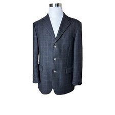 Alberto Verdi Men  s 40R Black Windowpane Merino Wool 3 Silver Button Blazer