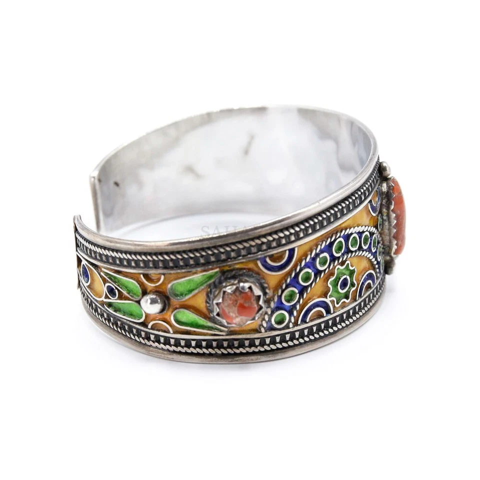 Kabyle Berber Cuff Bracelet Silver with Enamel & Coral Adjustable Handmade - Image 3 of 4