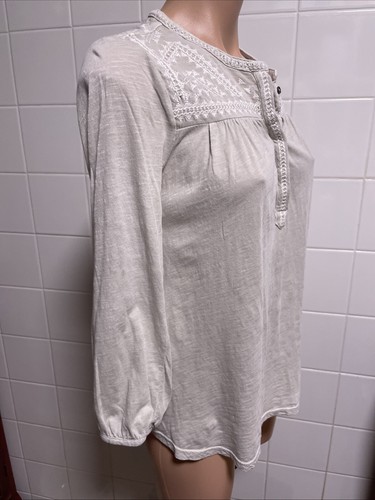 Lucky Brand Womens Size Small Tunic Peasant Henley Top w/ Embroidery White Taupe - Picture 3 of 8