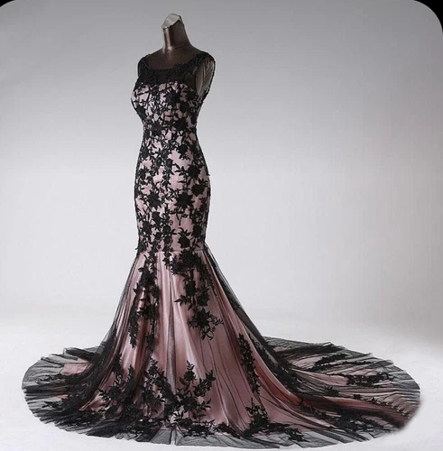 Gothic Mermaid Wedding Dresses Scoop Neck Black Pink Lace Appliques Bridal Gowns - Picture 3 of 10