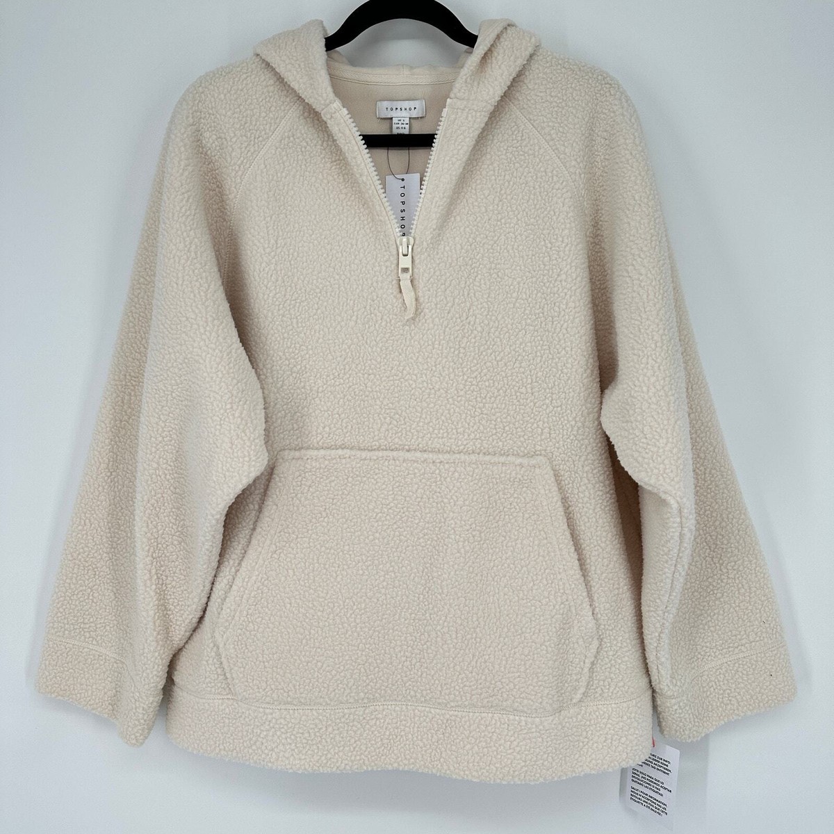 Topshop Borg Quarter Zip Fleece Hoodie Long Sleeve Pouch Pocket