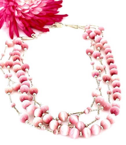 Collar vintage de 4 hebras plateado líquido .925 y rosa ojo de gato - Imagen 3 de 6