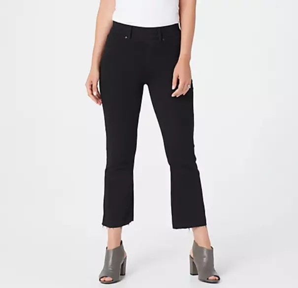 Spanx - Black Wash Denim Cropped Flare Jeans with Raw Hem