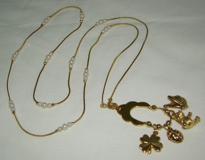 Vintage Monet Gold Charm Holder Erfly Ladybug Shamrock Pearl Chain Necklace - Monet Jewelry Pendants