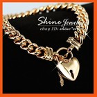 9CT GOLD FILLED PLAIN HEART CHARM PADLOCK CURB CHAIN CHUNKY BANGLE BRACELET GIFT
