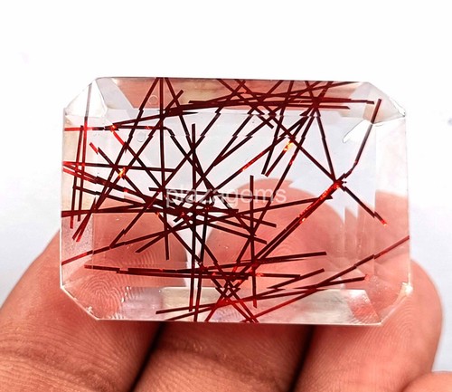 Red Rutilated Quartz 116 Ct Certified Emerald Cut Loose Gemstone 36x25mm 4AUS - Picture 3 of 8