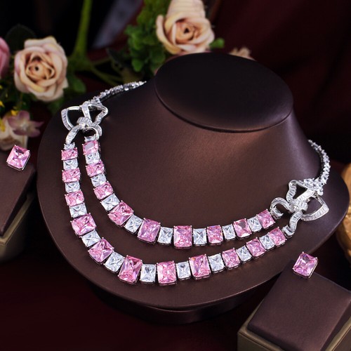 Rosa große 2 Schichten Quadrat Tennis Halskette Ohrringe Schmuck versilbert CZ Set - Bild 7 von 7
