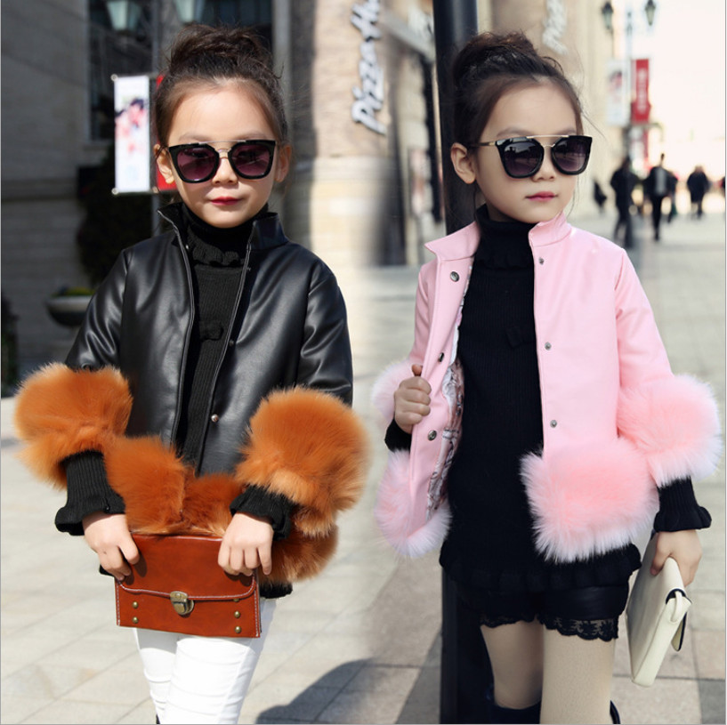 Girls leather top jacket with fur