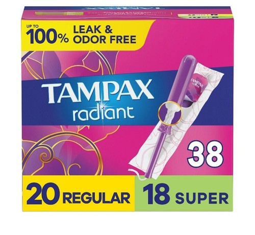 38 Tampax Radiant Duo Pack Tampons w LeakGuard Regular & Super Absorbency 38 Ct - 第 1/7 張圖片
