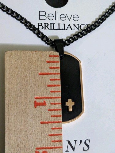 Believe by Brilliance Men's Stainless Steel Dog Tag Cross Necklace Rose Gold - Picture 3 of 5