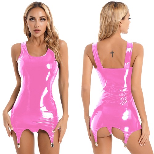 Women Wet Look Tank PVC Leather Night Club Bodycon Mini Dress with Metal AU - Picture 28 of 43