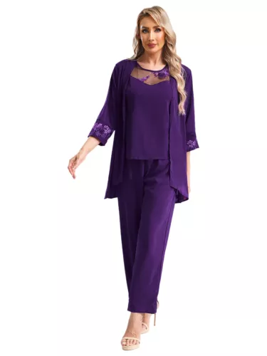 Womens 3 Piece Chiffon Pant Suits Tank Top Cardigan and Pants Evening Outfits - Picture 19 of 95