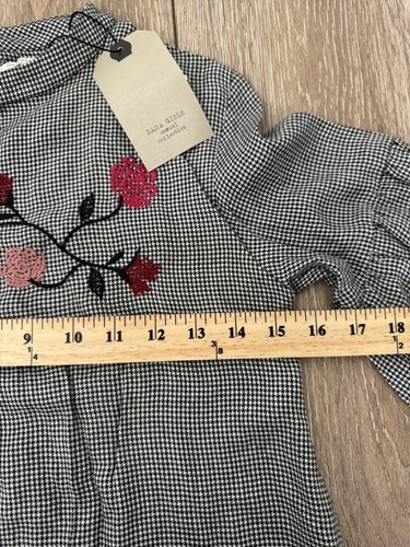 Zara Girls Houndstooth Embroidered Floral Bubble Sleeve Dress Size 10 Year - Picture 6 of 10