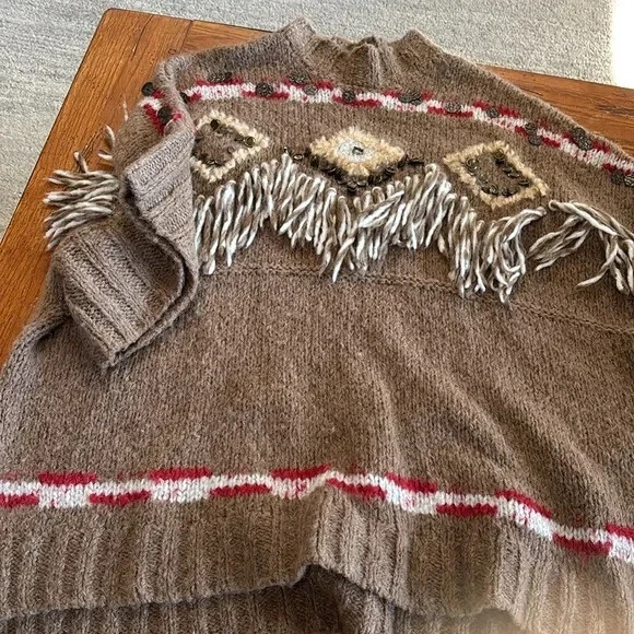 Poncho Suéter Free People Cristal Oscuro Lana Alpaca Flecos Gran Tamaño Talla Pequeña Foto 2 de 4