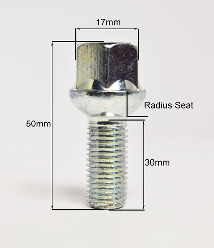 16 x M14 x 1.5, 30mm Thread, Radius-14 Wheel Bolts (Silver) - Picture 2 of 2