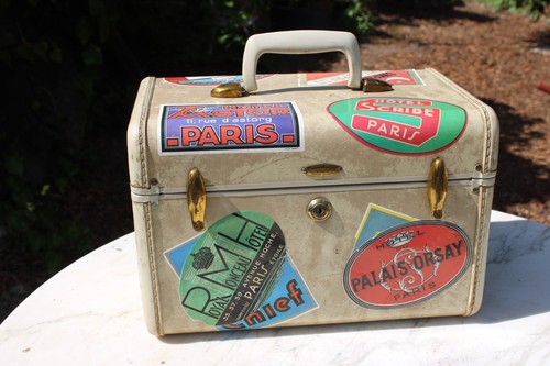 Samsonite Train Case 1950s Paris European Travel Stickers Marbled Beige