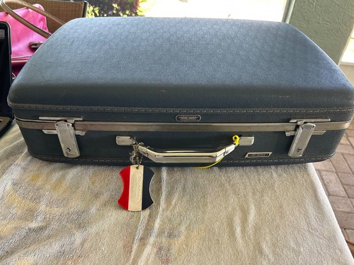 Vintage American Tourister Blue Suitcase Hard Shell Luggage with Tag