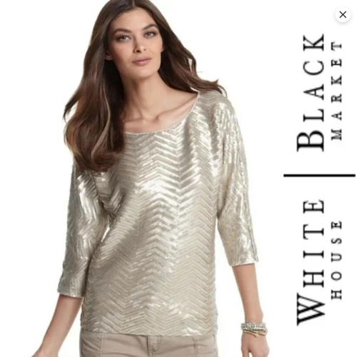 WHITE HOUSE/BLACK MARKET-STRETCH FIT-SILVER/GOLD SEQUIN TOP-DOLMAN SLVS-XS-NWT