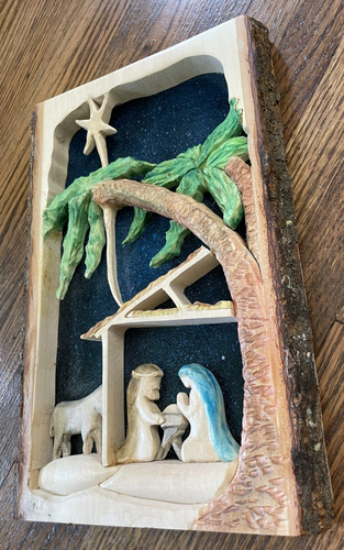 Hand Carved Wood Holy Family Nativity Wall Hanging Live Edge Rustic Primitive - Picture 6 of 8