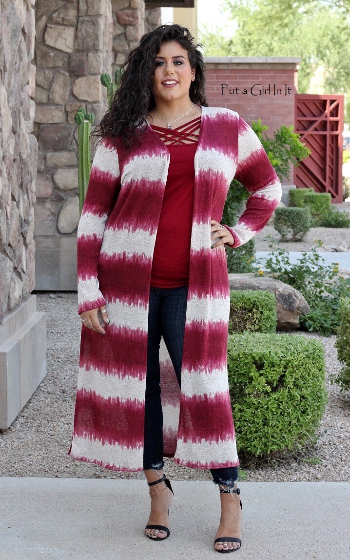 PLUS SIZE Womens STRIPED BURGUNDY WINE TIE DYE LONG CARDIGAN DUSTER 1X 2X  3X USA