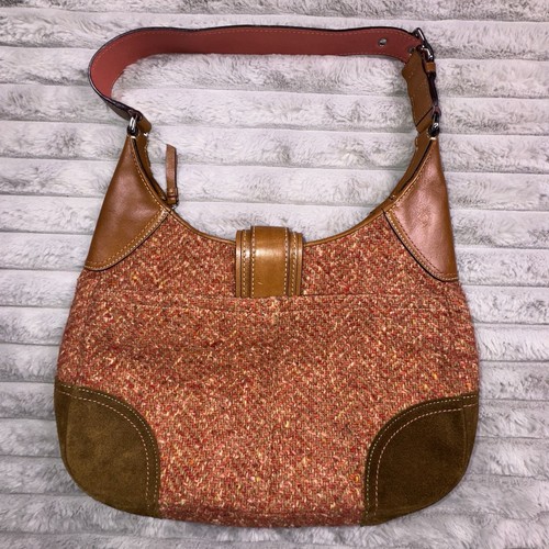 Coach Hamptons Tan Saddle Pink Tweed Demi Hobo Baggette VTG Y2K Wool Suede Purse - Picture 7 of 20