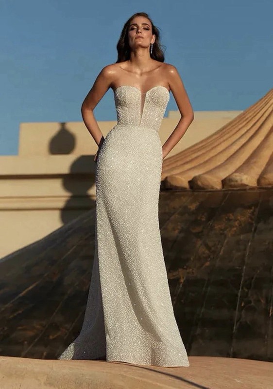Pronovias Cosmina Strapless Wedding Dress With Faux Pearls And Glitter