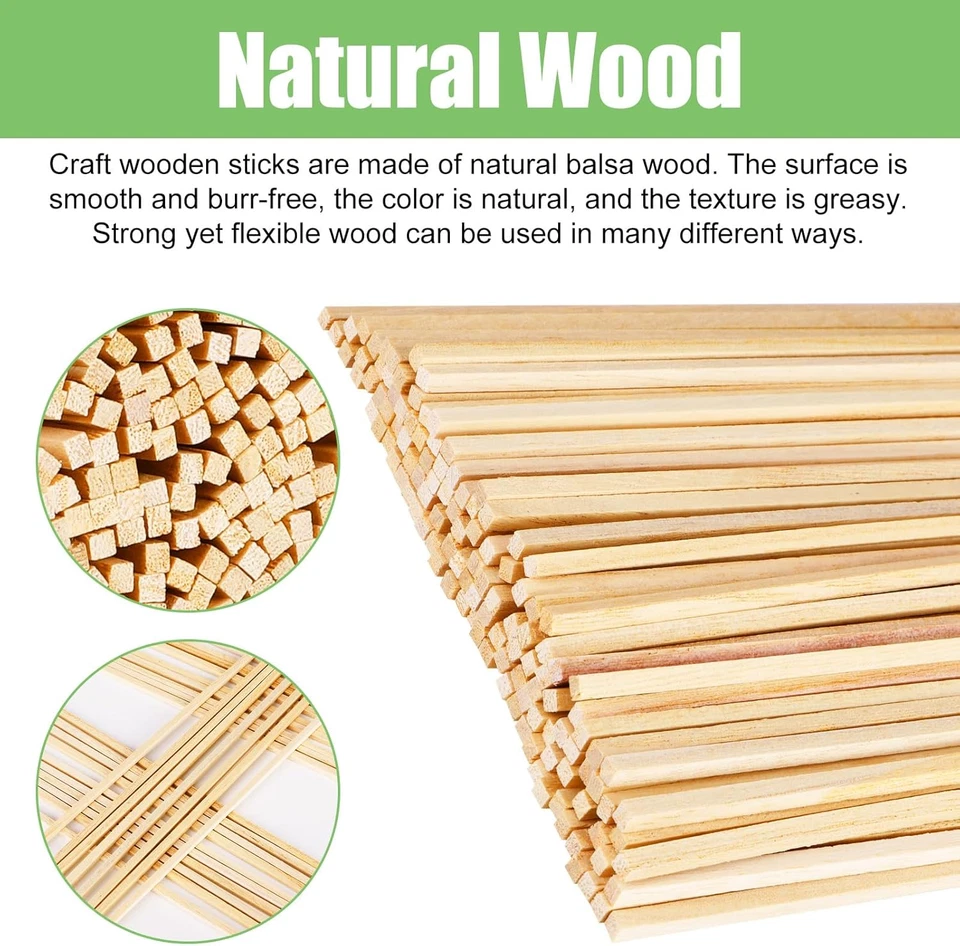 120 Pcs Balsa Wood Sticks,3 X 3 X 300 Mm Natural Wooden Dowels,Unfinished  - Image 3 of 4