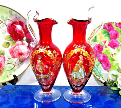 Murano Ruby Romance Antique Venetian Glass Ewer  set courting couple love story