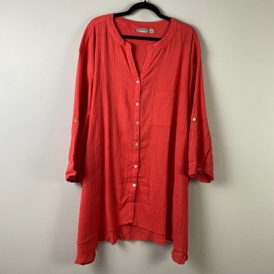 Catherines Button Up Tunic Shirt Size 5X Coral Orange Cotton 3/4 Sleeves